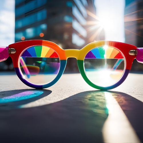 Glasses with a rainbow frame sit on a desk with the sunlight shining through them